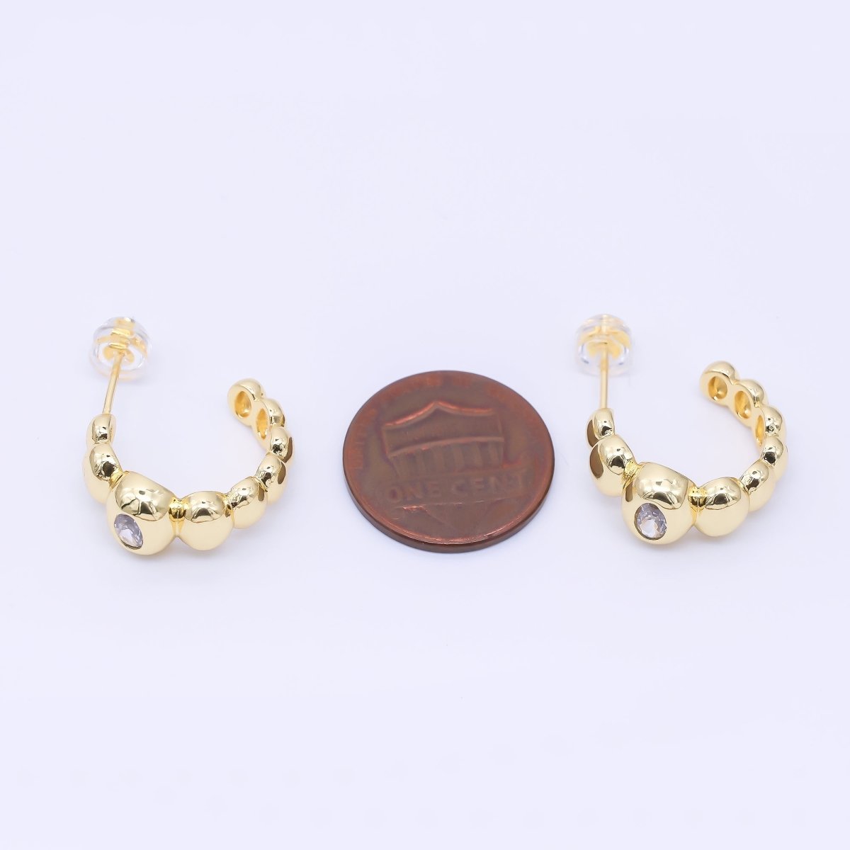 24K Gold Filled 18mm CZ Oval Beaded Bubble C-Shaped Hoop Earrings | AI469