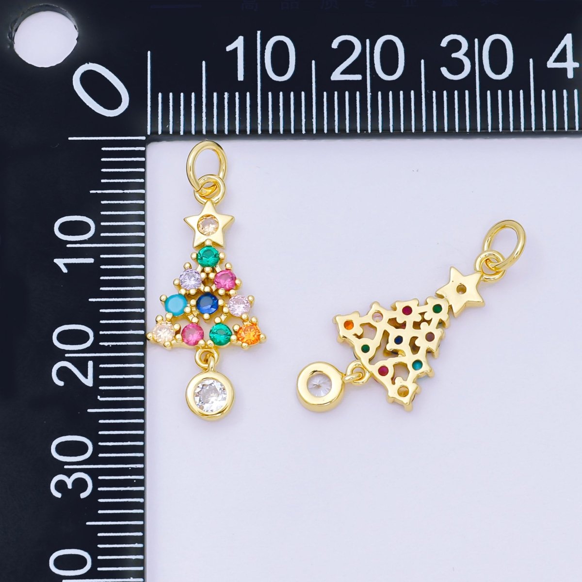 24K Gold Filled 18mm Multicolor Micro Paved CZ Christmas Tree Charm | D100