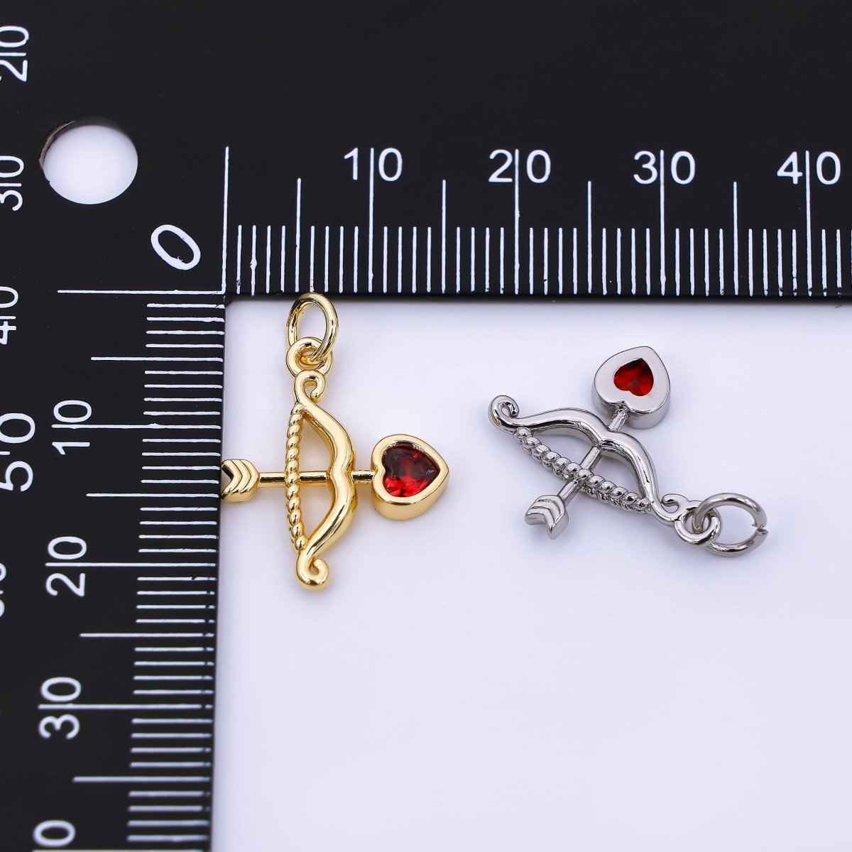 24K Gold Filled 18mm Red Heart-Shaped CZ Cupid Arrow Charm in Gold &amp; Silver | M-573