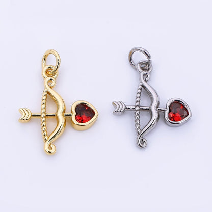 24K Gold Filled 18mm Red Heart-Shaped CZ Cupid Arrow Charm in Gold &amp; Silver | M-573