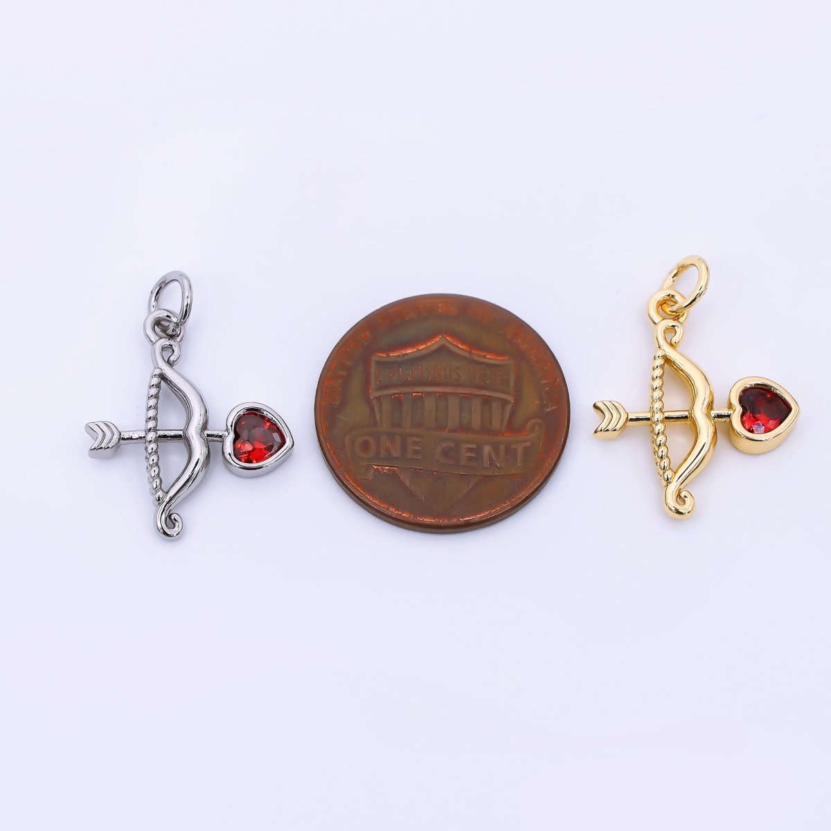 24K Gold Filled 18mm Red Heart-Shaped CZ Cupid Arrow Charm in Gold &amp; Silver | M-573