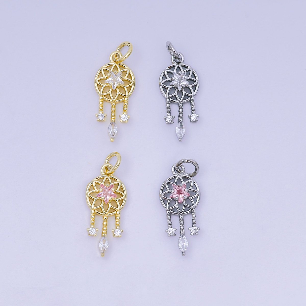 24K Gold Filled 19.5mm Clear, Pink CZ Dreamcatcher Charm in Gold &amp; Silver | AJ469 AJ470