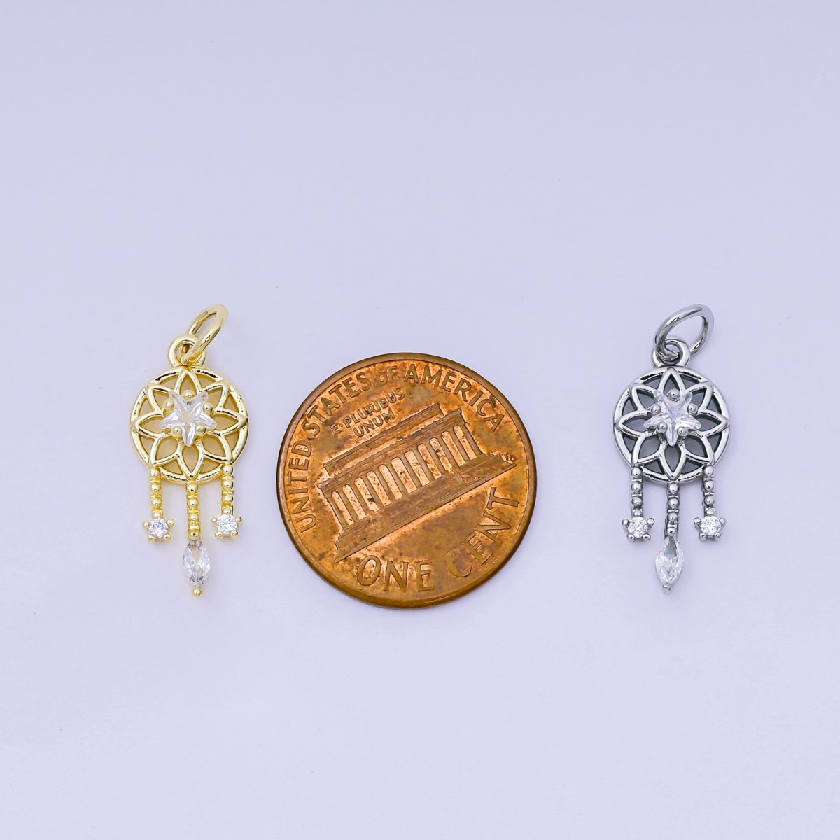 24K Gold Filled 19.5mm Clear, Pink CZ Dreamcatcher Charm in Gold &amp; Silver | AJ469 AJ470