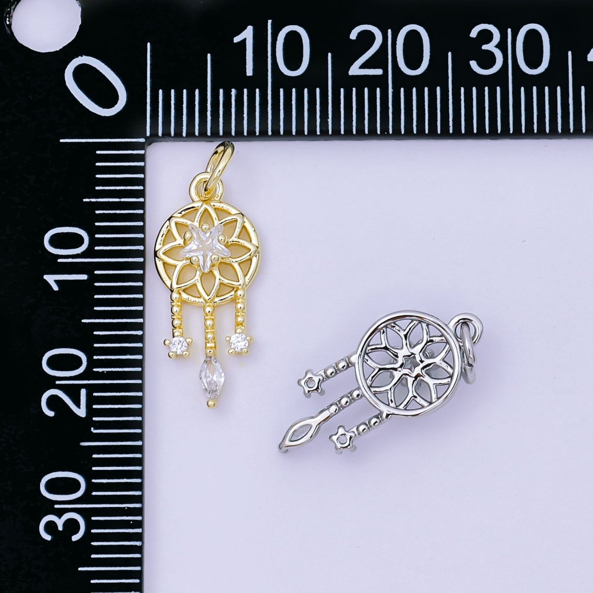 24K Gold Filled 19.5mm Clear, Pink CZ Dreamcatcher Charm in Gold &amp; Silver | AJ469 AJ470