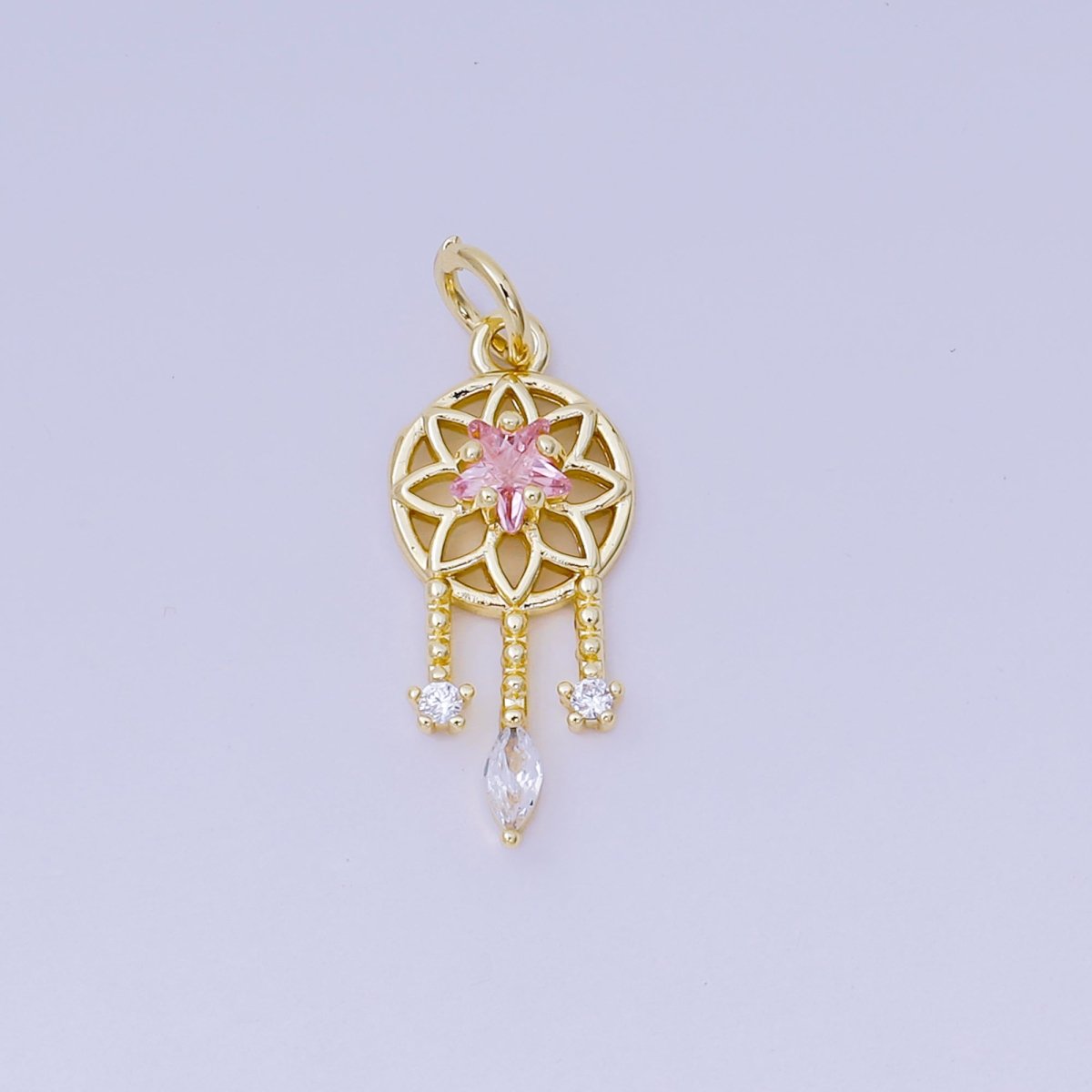 24K Gold Filled 19.5mm Clear, Pink CZ Dreamcatcher Charm in Gold &amp; Silver | AJ469 AJ470