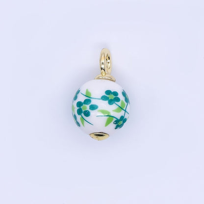 24K Gold Filled 19mm Ceramics Art Round Green Flower Vines Flower Charm | D064