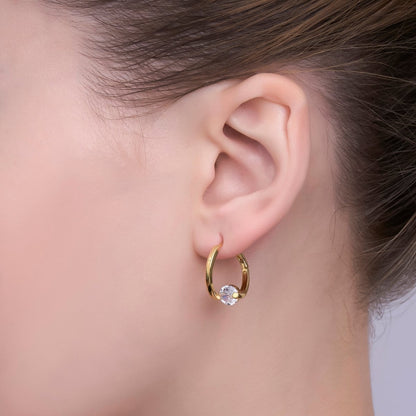 24K Gold Filled 19mm Clear CZ Oblong Hoop Earrings | T398