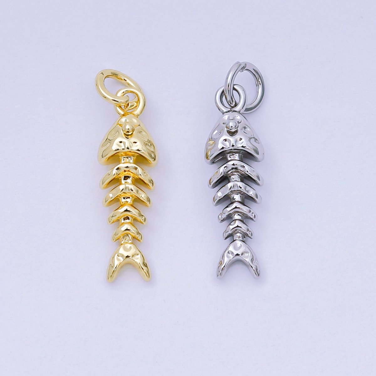 24K Gold Filled 19mm Hammered Fish Bone 3D Multidimensional Charm in Gold &amp; Silver | AJ475