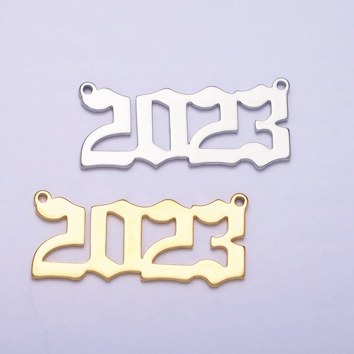 24K Gold Filled "2023" New Year Script Gothic Font Connector in Gold &amp; Silver | Y-851