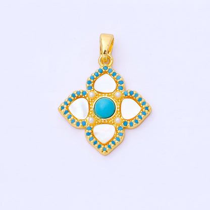 24K Gold Filled 20.5mm Turquoise Micro Paved CZ Shell Pearl Clover Charm | AA1650
