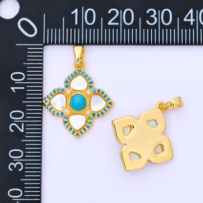 24K Gold Filled 20.5mm Turquoise Micro Paved CZ Shell Pearl Clover Charm | AA1650