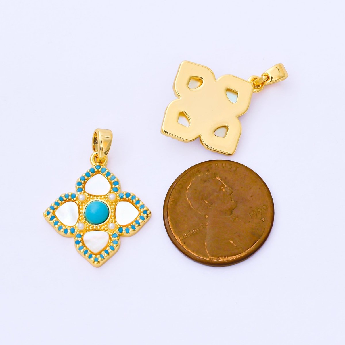 24K Gold Filled 20.5mm Turquoise Micro Paved CZ Shell Pearl Clover Charm | AA1650