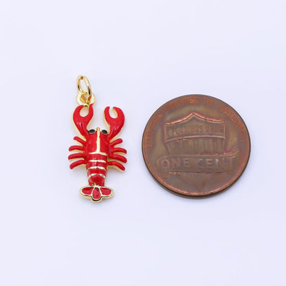 24K Gold Filled 20.5mm Red Enamel Crawfish Lobster Animal Charm | AJ390