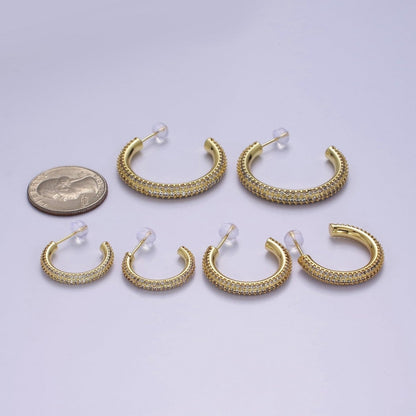 24K Gold Filled 20mm, 25mm, 35mm Clear CZ Micro Paved C Shaped Hoop Stud Earrings | V164 - V166