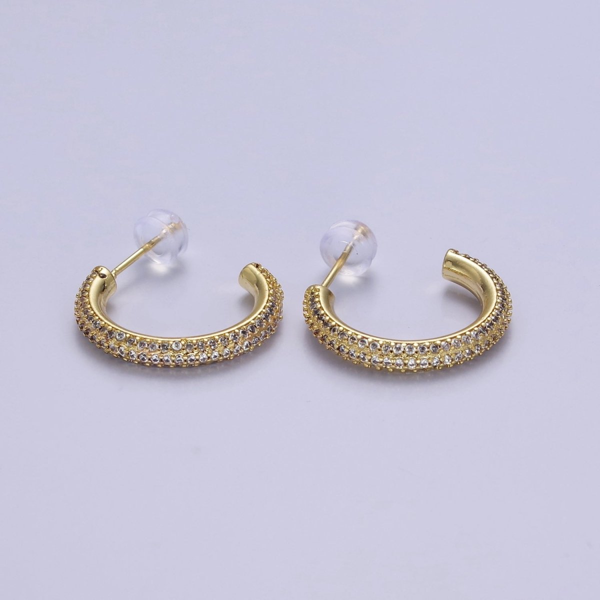 24K Gold Filled 20mm, 25mm, 35mm Clear CZ Micro Paved C Shaped Hoop Stud Earrings | V164 - V166