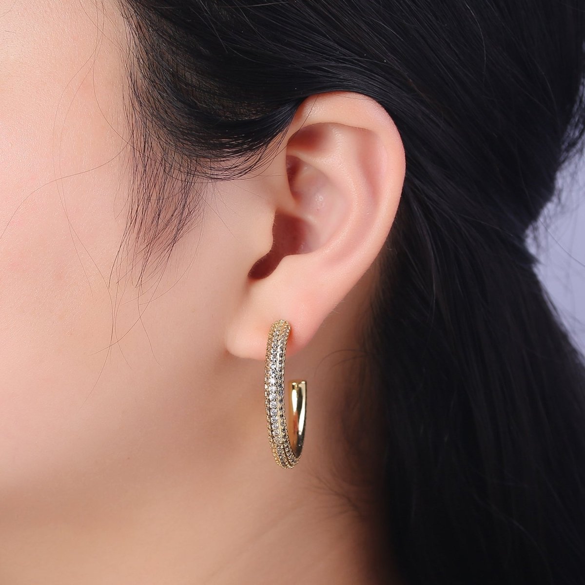 24K Gold Filled 20mm, 25mm, 35mm Clear CZ Micro Paved C Shaped Hoop Stud Earrings | V164 - V166