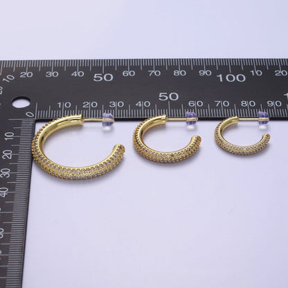 24K Gold Filled 20mm, 25mm, 35mm Clear CZ Micro Paved C Shaped Hoop Stud Earrings | V164 - V166