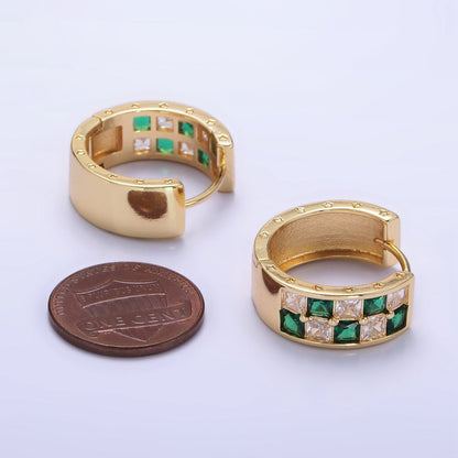 24K Gold Filled 20mm Black, Green Checkered CZ Huggie Hoop Earrings | P524