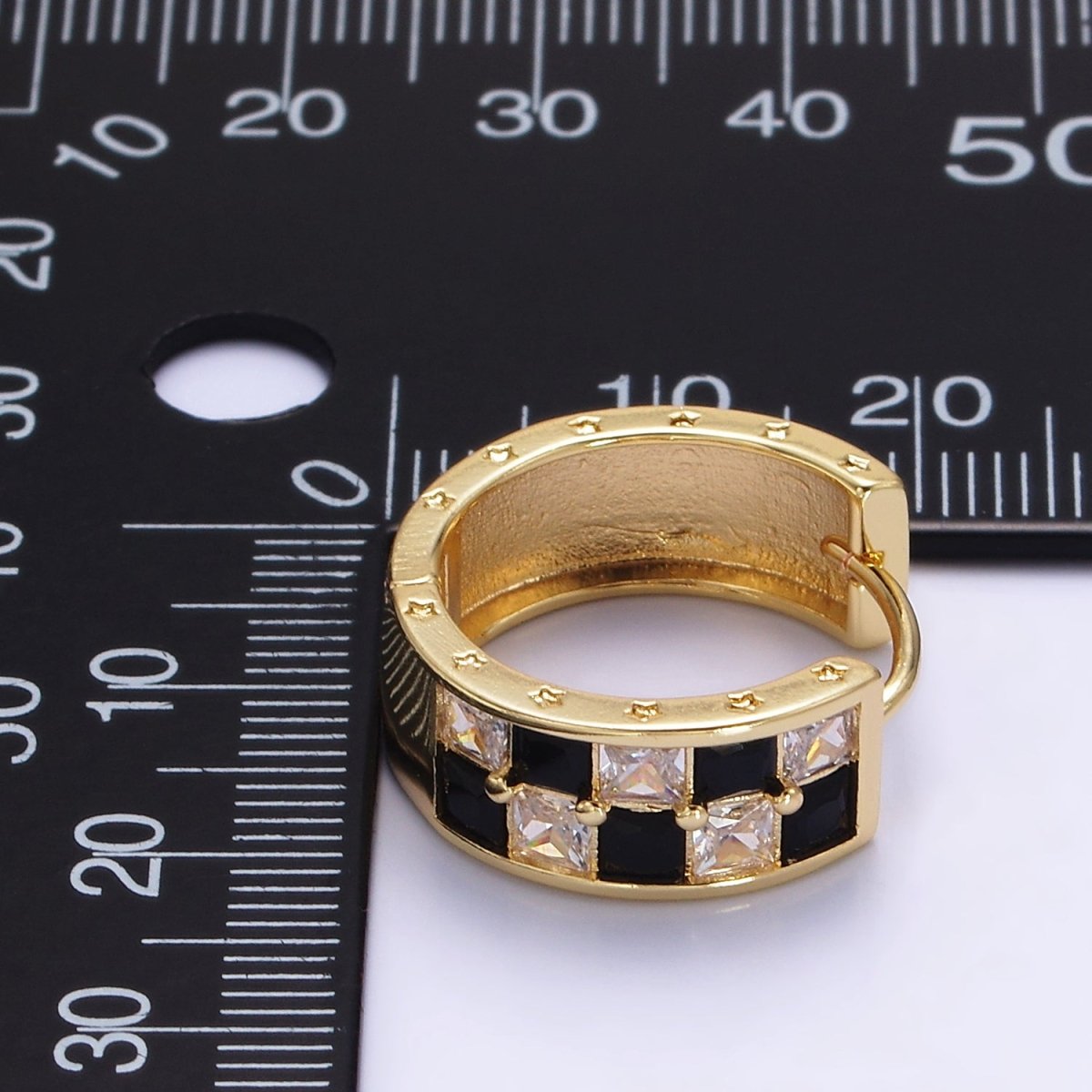 24K Gold Filled 20mm Black, Green Checkered CZ Huggie Hoop Earrings | P524