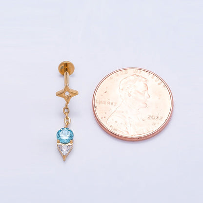 Titanium 20mm Blue Clear CZ Star Drop Cartilage Piercing Flat Back Stud in Gold &amp; Silver | BJ-00075 BJ-00076