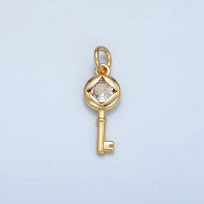24K Gold Filled 20mm Clear CZ Rhombus Key Lock Mini Charm | E114