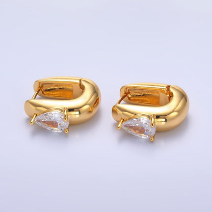 24K Gold Filled 20mm Clear CZ Teardrop U-Shaped Hoop Earrings | V510