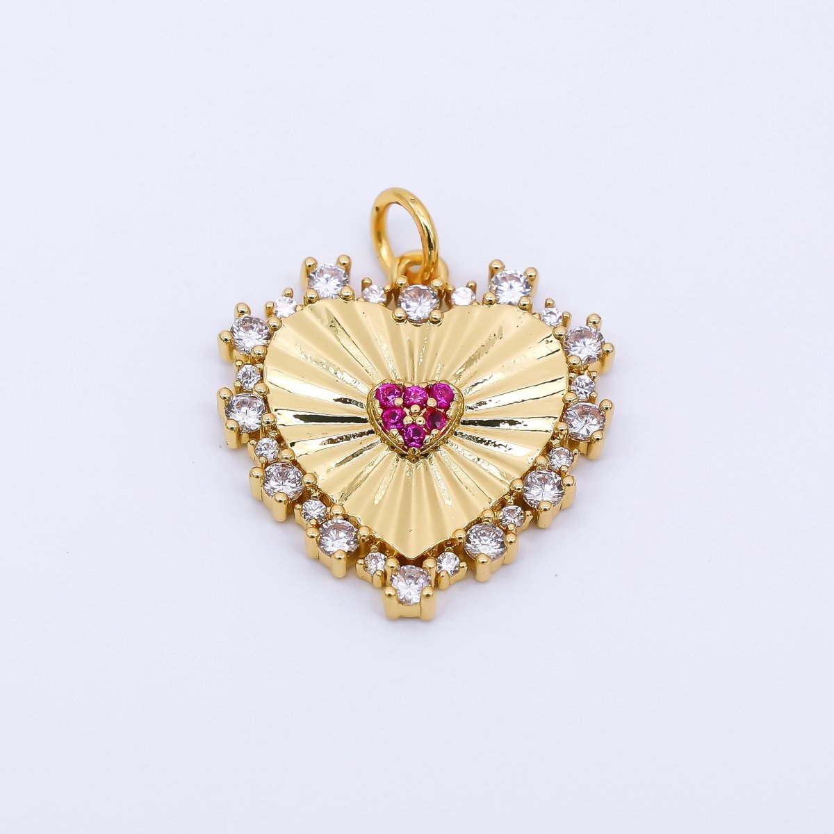 24K Gold Filled 20mm Clear &amp; Fuchsia CZ Royal Heart Charm | AH-554