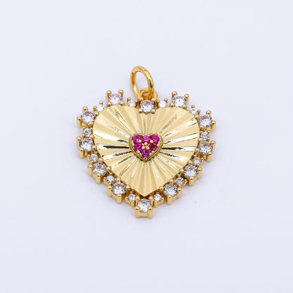 24K Gold Filled 20mm Clear &amp; Fuchsia CZ Royal Heart Charm | AH-554