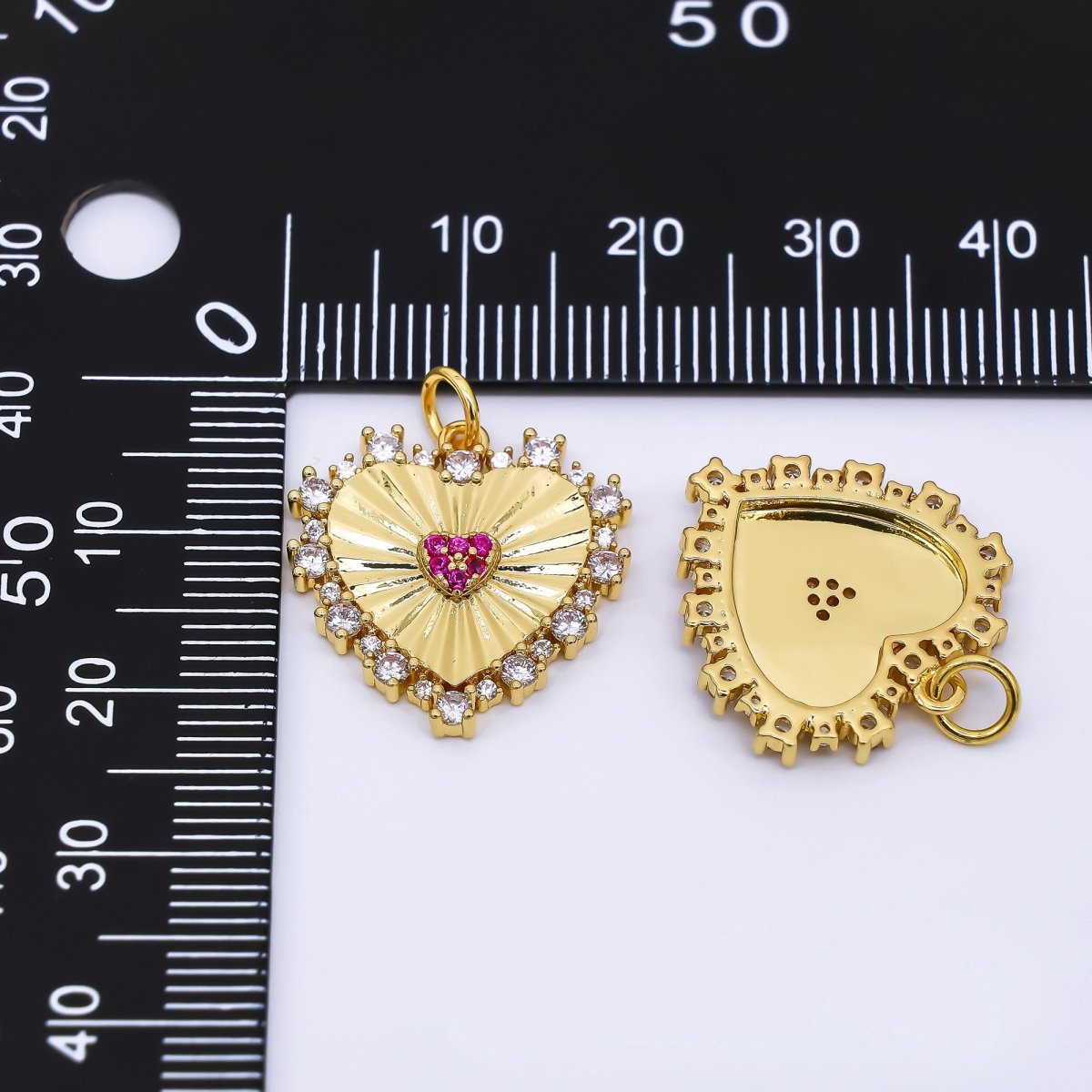24K Gold Filled 20mm Clear &amp; Fuchsia CZ Royal Heart Charm | AH-554