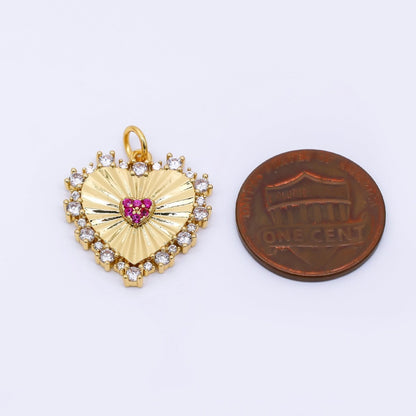 24K Gold Filled 20mm Clear, Pink Micro Paved CZ Sunburst Heart Charm | AH554