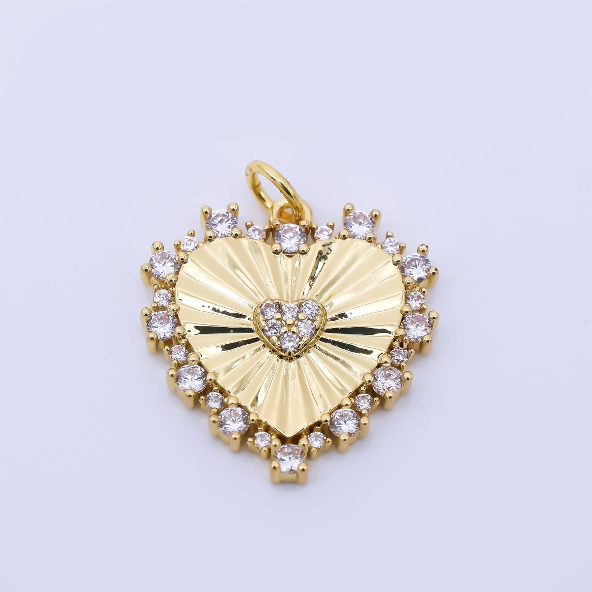 24K Gold Filled 20mm Clear, Pink Micro Paved CZ Sunburst Heart Charm | AH554