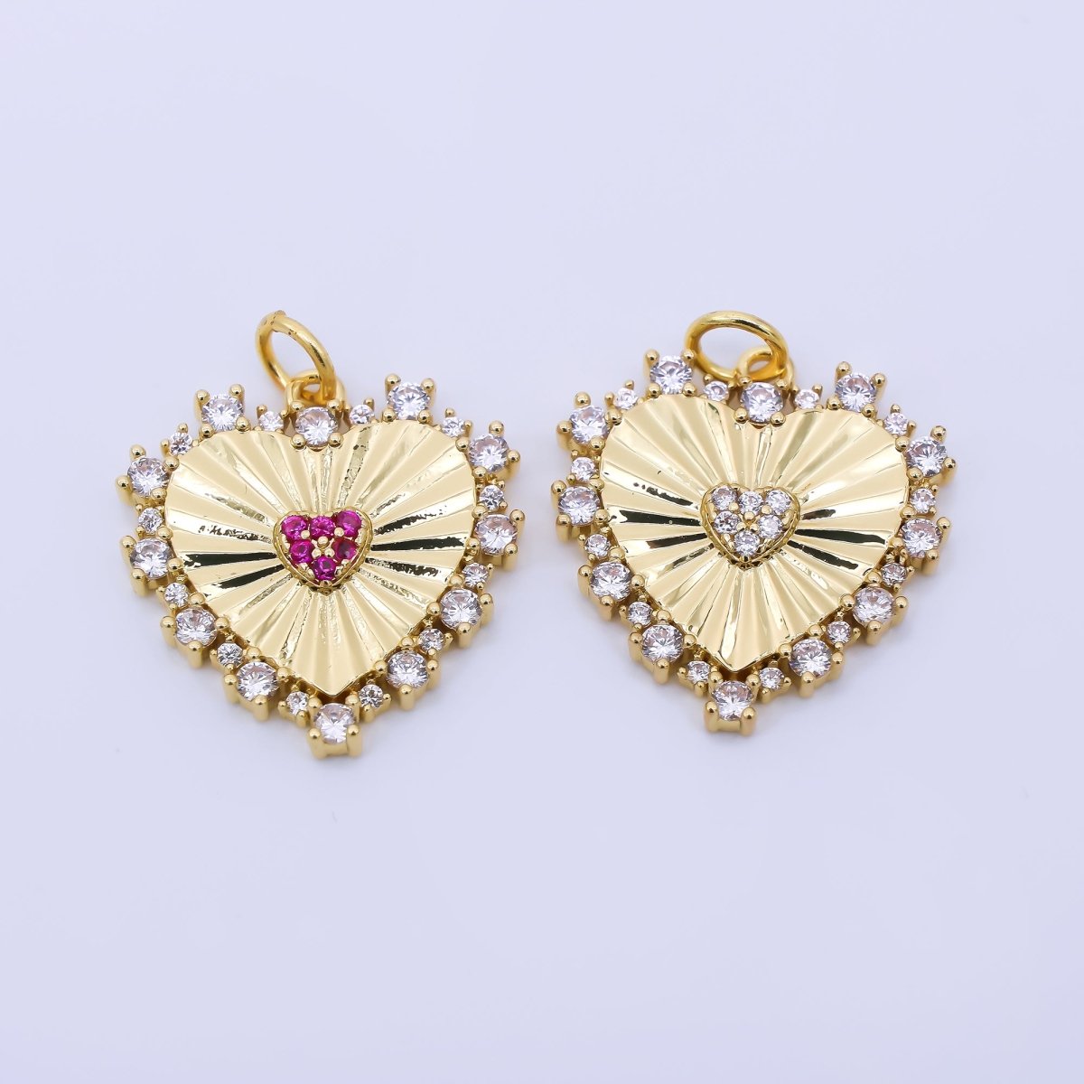24K Gold Filled 20mm Clear, Pink Micro Paved CZ Sunburst Heart Charm | AH554