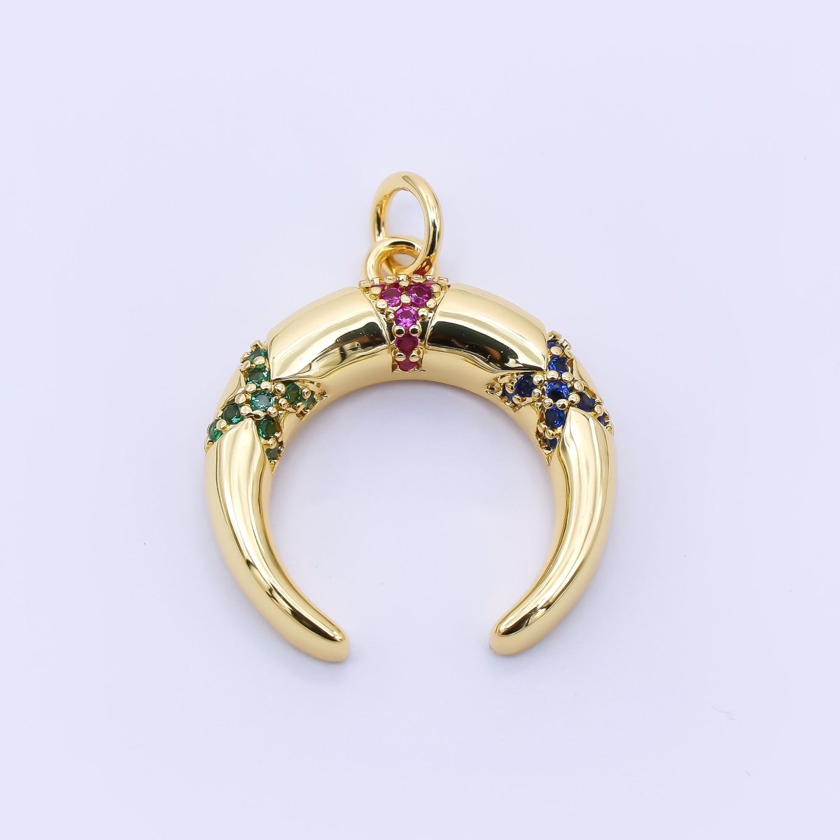 24K Gold Filled 20mm Multicolor Micro Paved CZ Crescent Moon Tusk Charm | AC1610