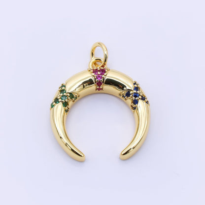 24K Gold Filled 20mm Multicolor Micro Paved CZ Crescent Moon Tusk Charm | AC1610