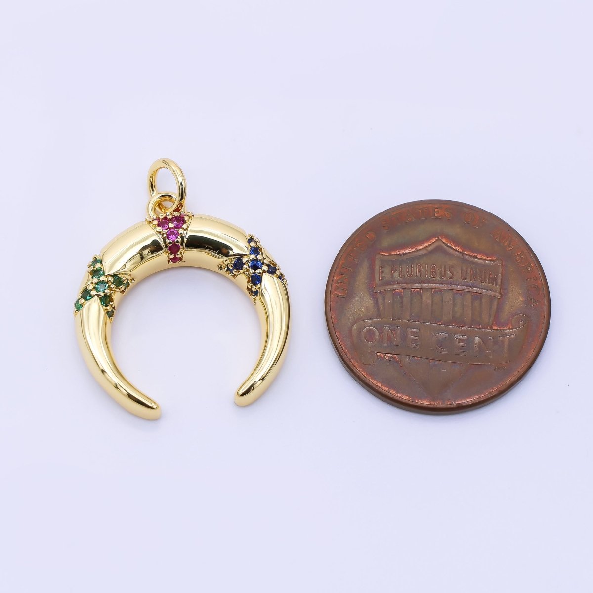 24K Gold Filled 20mm Multicolor Micro Paved CZ Crescent Moon Tusk Charm | AC1610