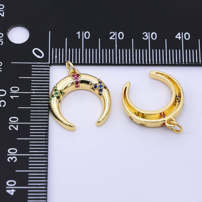 24K Gold Filled 20mm Multicolor Micro Paved CZ Crescent Moon Tusk Charm | AC1610