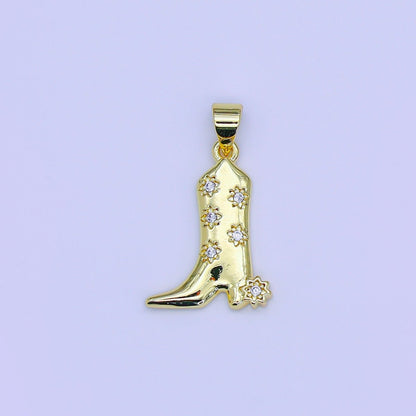 24K Gold Filled 20mm Micro Paved CZ Cowboy Boots Shoes Pendant | AH-470