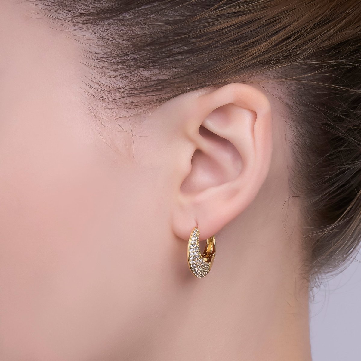 24K Gold Filled 20mm Micro Paved CZ Dome Curved Hoop Earrings | T342
