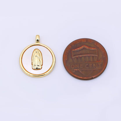 24K Gold Filled 20mm Mother Mary Shell Pearl Round Religious Charm | AH567
