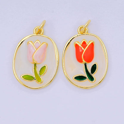 24K Gold Filled 20mm Enamel Art Blooming Tulip Emblem Charm in Pink &amp; Orange | AH-631