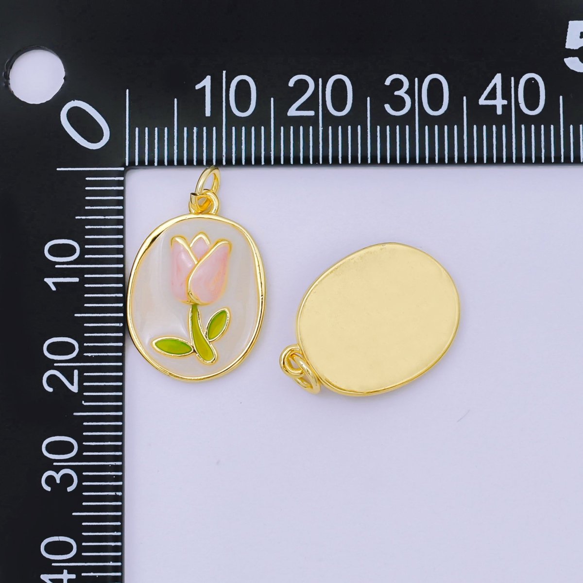 24K Gold Filled 20mm Enamel Art Blooming Tulip Emblem Charm in Pink &amp; Orange | AH-631