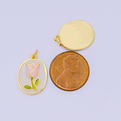 24K Gold Filled 20mm Enamel Art Blooming Tulip Emblem Charm in Pink &amp; Orange | AH-631