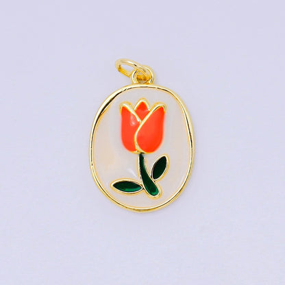 24K Gold Filled 20mm Enamel Art Blooming Tulip Emblem Charm in Pink &amp; Orange | AH-631
