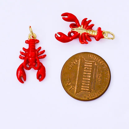 24K Gold Filled 20mm Red Enamel Sea Crawfish Lobster Animal Mini Charm | AF1512