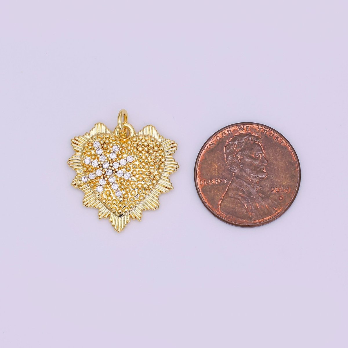 24K Gold Filled 20mm Micro Paved CZ North Star Dotted Sunburst Heart Charm in Gold &amp; Silver | AF459