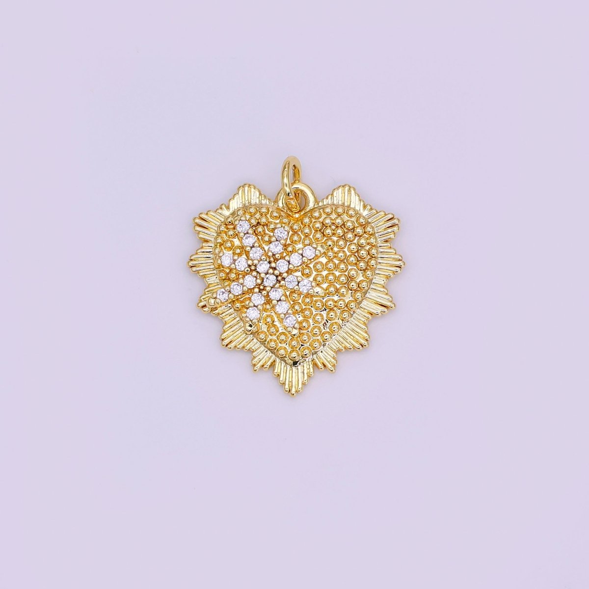 24K Gold Filled 20mm Micro Paved CZ North Star Dotted Sunburst Heart Charm in Gold &amp; Silver | AF459