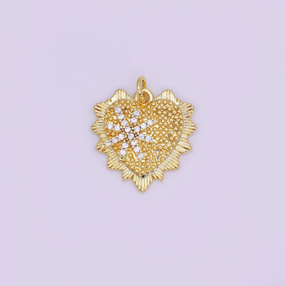 24K Gold Filled 20mm Micro Paved CZ North Star Dotted Sunburst Heart Charm in Gold &amp; Silver | AF459