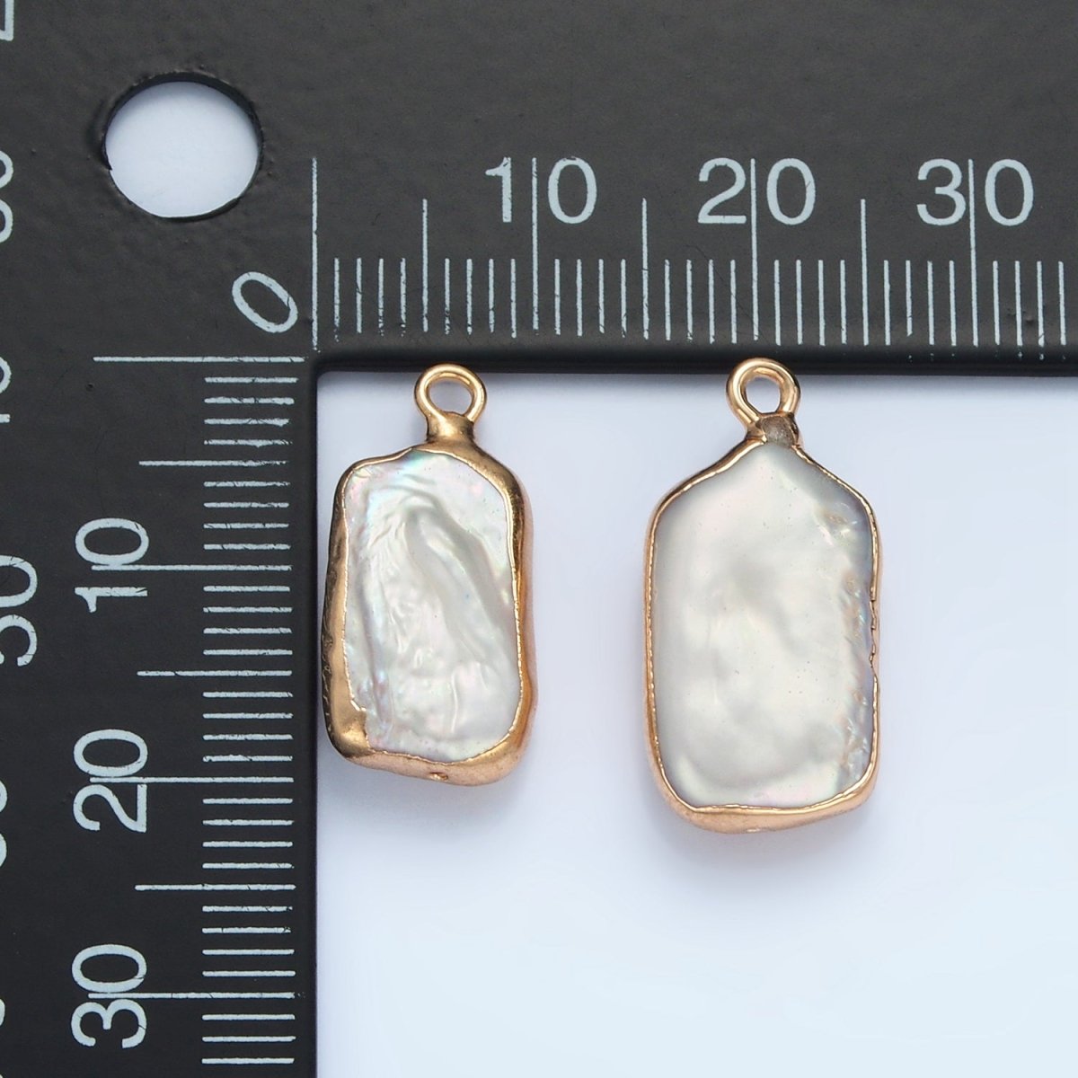 24K Gold Filled 20mm White Biwa Freshwater Pearl Foil Bezel Charm | P1760