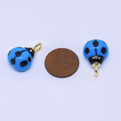 24K Gold Filled 21.5mm Ceramic Art Blue Lady Bug Animal Charm | X-412