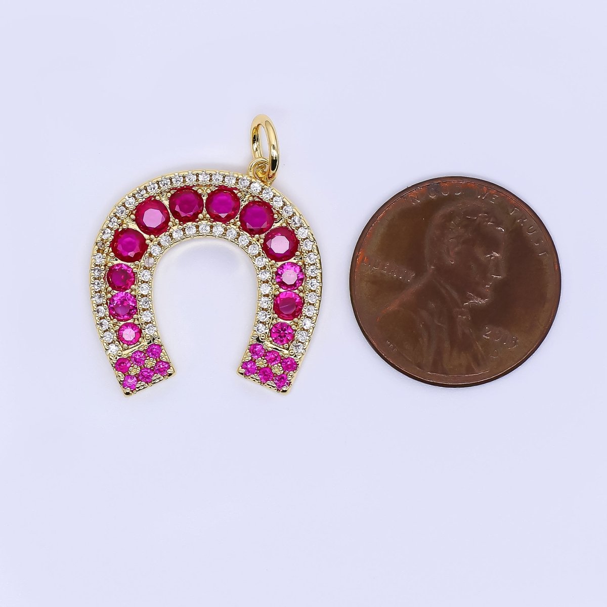 24K Gold Filled 21.5mm Hot Pink Fuchsia Micro Paved CZ Horseshoe Charm | W642